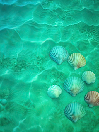 Seashells on the turquoise sea water background.の素材