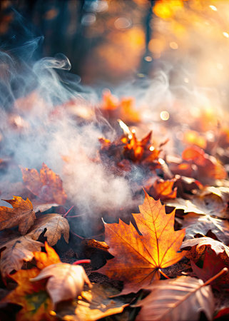 Autumn leaves and smoke on the background of the autumn forest.の素材