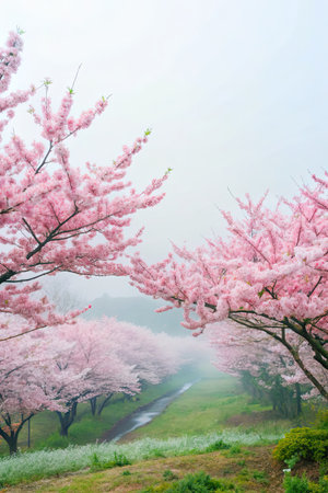 Cherry blossoms in spring season on a foggy day.の素材