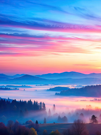 Foggy morning in the mountains. Colorful autumn landscape.の素材