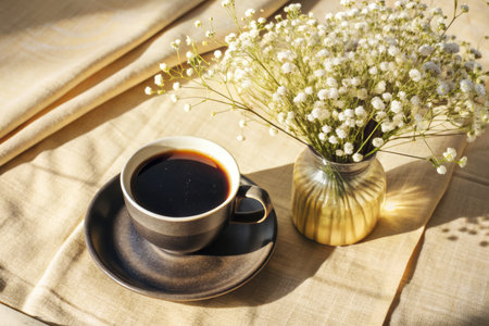 Cup of coffee on wooden table with bouquet of gypsophila flowersの素材