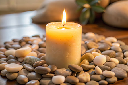 Burning candle and pebbles on a wooden table in a spaの素材