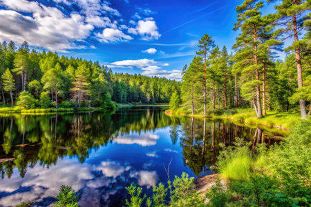 Beautiful summer landscape with forest lake and reflection of clouds in waterの素材