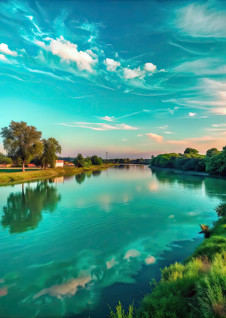 Beautiful sunset over the river. Nature composition.の素材