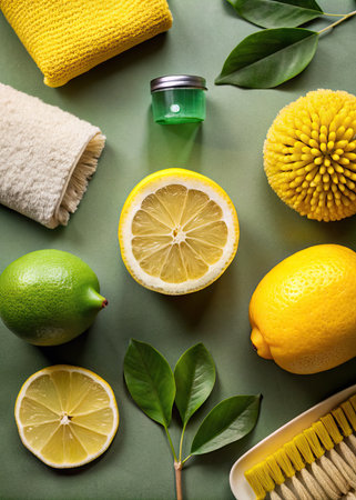 Lemon, lime, sponges and green leaves on green backgroundの素材