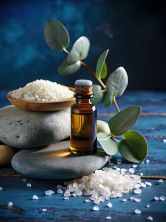 Essential oil with eucalyptus branch and sea salt on wooden backgroundの素材