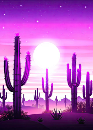 Illustration of a desert landscape with cactuses and a full moonの素材