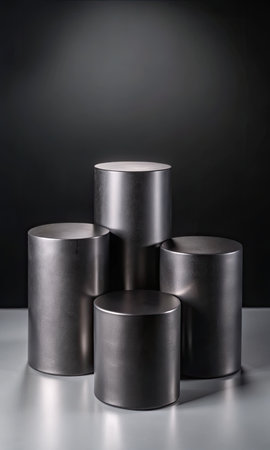 Stainless steel cylindrical cylinders on a black background.の素材