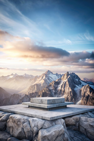 Mountain landscape with a marble podium on the top of a mountainの素材
