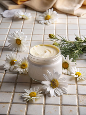 cosmetic cream with chamomile flowers on a light backgroundの素材