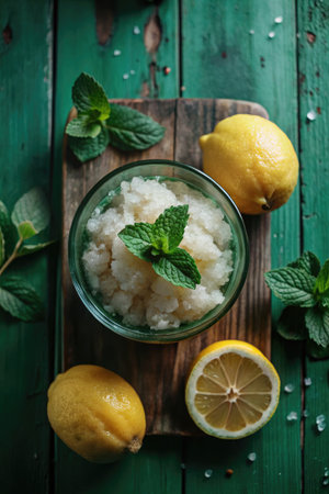 Homemade lemon sorbet with fresh lemon and mint on wooden backgroundの素材