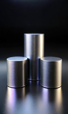 Stainless steel and aluminium cylinders on black backgroundの素材