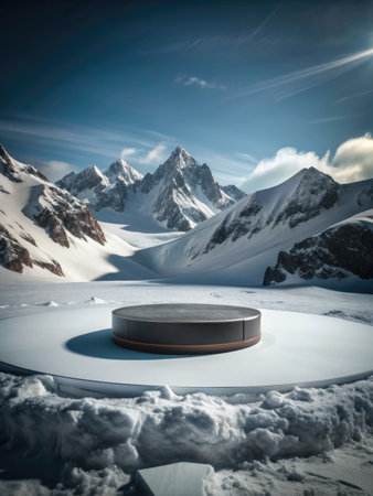 a product display podium in the snowy mountains.の素材