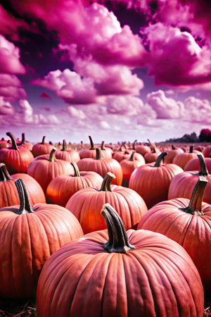 Pumpkin patch on sunny Autumn day. Colorful pumpkins background.の素材