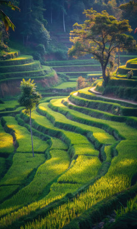 Terraced rice fields on hillside with vibrant green plants and warm sunlight in tropical landscapeの素材