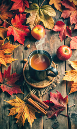 Cup of hot tea with cinnamon and autumn leaves on wooden backgroundの素材