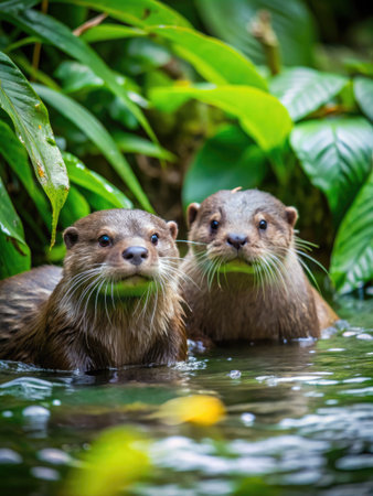 Two wet Asian small-clawed otters swimming in the waterの素材