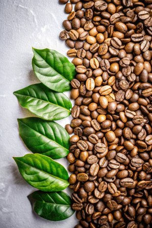 Coffee beans and green leaves on stone background, top viewの素材