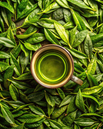 Green tea in a cup on green tea leaves background, top viewの素材