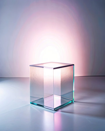 Transparent square glass cube on a dark background.の素材