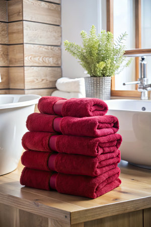 Stack of red towels on a wooden shelf in a modern bathroom.の素材