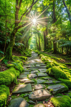 Pathway in the Japanese garden with green moss and sun rays.の素材