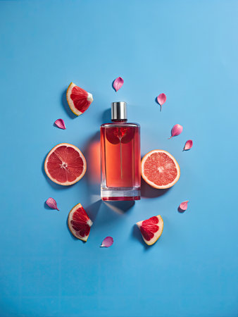 Bottle of perfume with grapefruit and hearts on blue background. Flat lay, top viewの素材