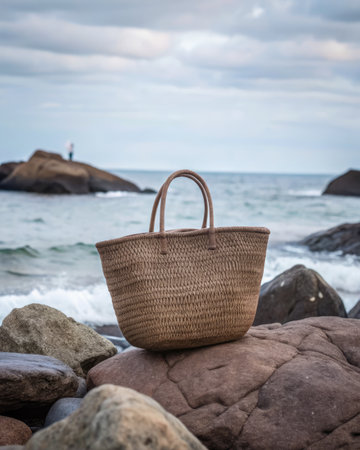 Wicker bag on the rocks against the background of the sea.の素材