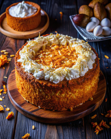 Homemade cheesecake with whipped cream and nuts on a dark wooden backgroundの素材