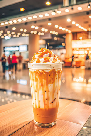 Iced caramel coffee frappe in cafeの素材