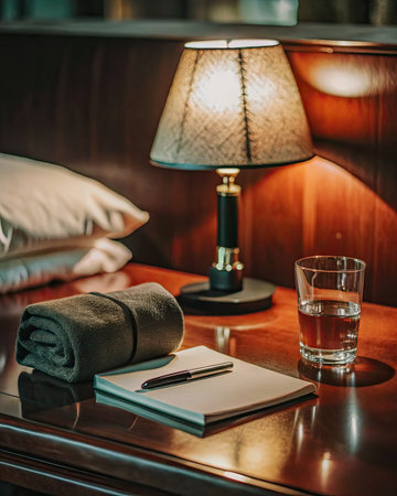 Luxury hotel room interior with bed, pillows, book and glass of waterの素材