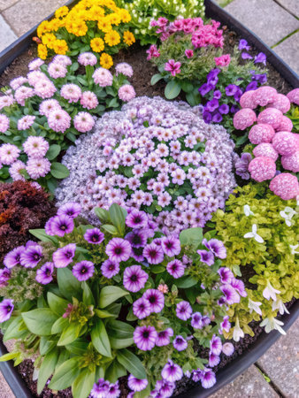 Flowerbed with colorful flowers in the garden. Top view.の素材