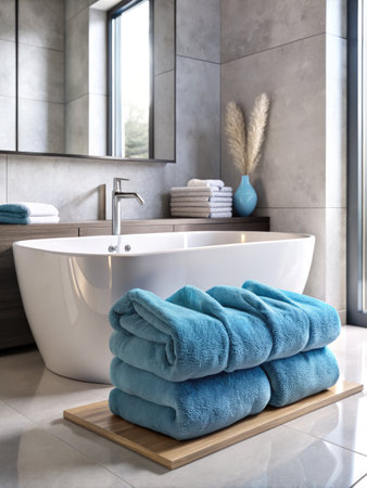 Bathroom interior with bathtub and towels on tiled floorの素材