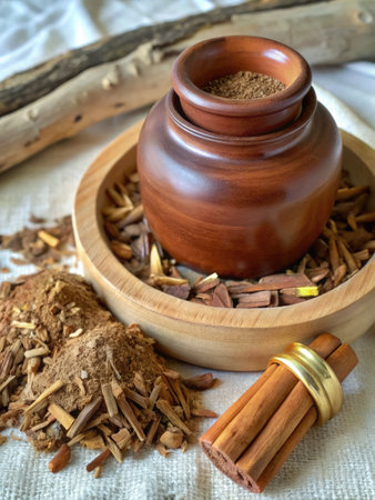Cinnamon sticks and cinnamon powder in a clay pot on a white backgroundの素材