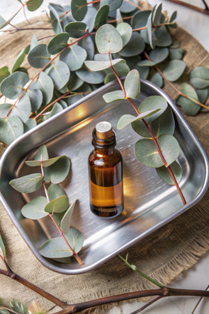 Amber dropper bottle with eucalyptus leaves in stainless tray on burlap and woven matの素材