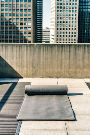 Yoga mat on a terrace of a modern office building.の素材