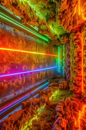 Futuristic underground tunnel with colorful neon lights. Futuristic underground tunnel.の素材