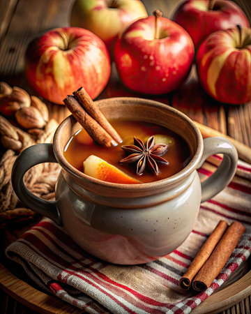 Mulled wine with apples and spices on a wooden background. Selective focus.の素材