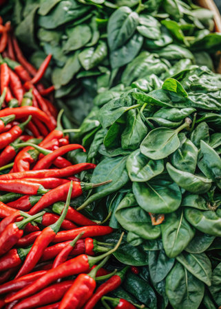 Fresh green and red chilli peppers on the counter of a farmers marketの素材