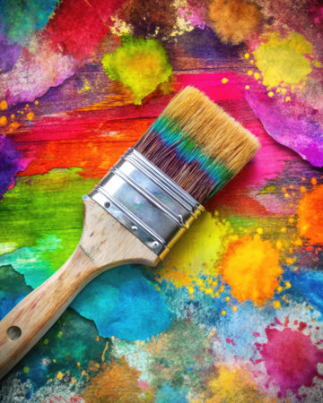 Paint brush on colorful watercolor paint background, close-upの素材