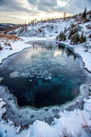 Winter landscape with frozen lake in the forest.の素材