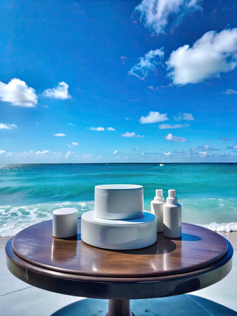 Sunglasses on table at tropical beach with sea and sky backgroundの素材