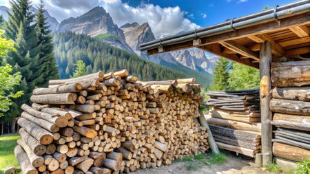Woodpile of firewood in front of mountainsの素材