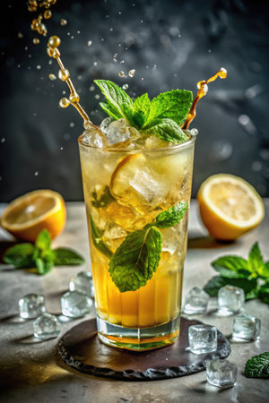 Mojito cocktail with lemon, mint and ice on stone backgroundの素材