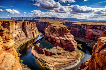 Horseshoe Bend with Colorado River curving through red sandstone canyon under dramatic skyの素材