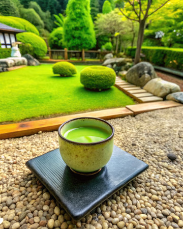 Green tea in a ceramic cup on a stone plate on a garden backgroundの素材