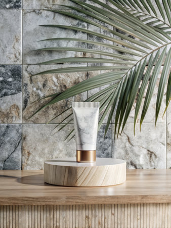 Cosmetic bottle mockup on wooden podium with palm leafle backgroundの素材