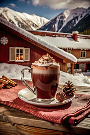 Hot chocolate with whipped cream and cinnamon on a wooden table in the mountainsの素材