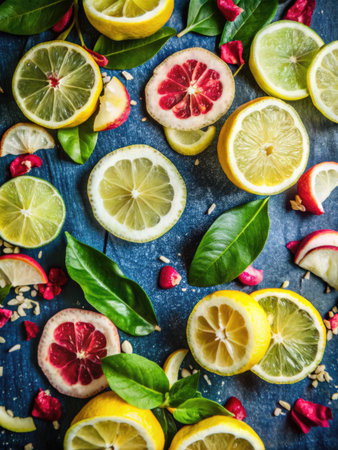 Variety of citrus fruit including lemons, lines, grapefruits and oranges.の素材