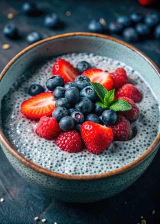 Chia seed pudding with fresh berries and mint in bowl, selective focusの素材